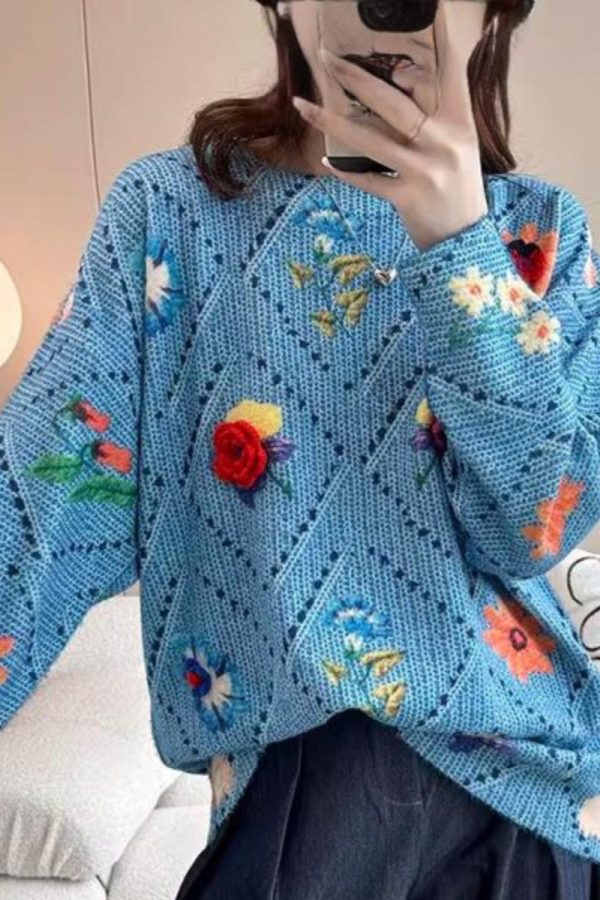 Beautiful Blue Floral Hollow Out Cotton Knit Sweater Tops Batwing Sleeve