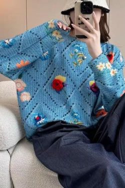 Beautiful Blue Floral Hollow Out Cotton Knit Sweater Tops Batwing Sleeve