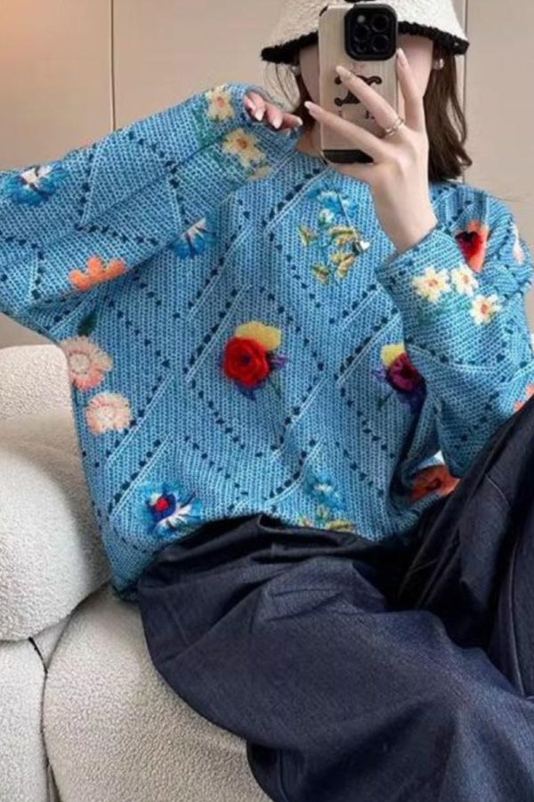 Beautiful Blue Floral Hollow Out Cotton Knit Sweater Tops Batwing Sleeve