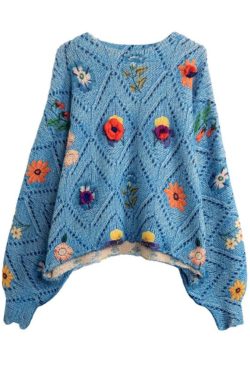 Beautiful Blue Floral Hollow Out Cotton Knit Sweater Tops Batwing Sleeve
