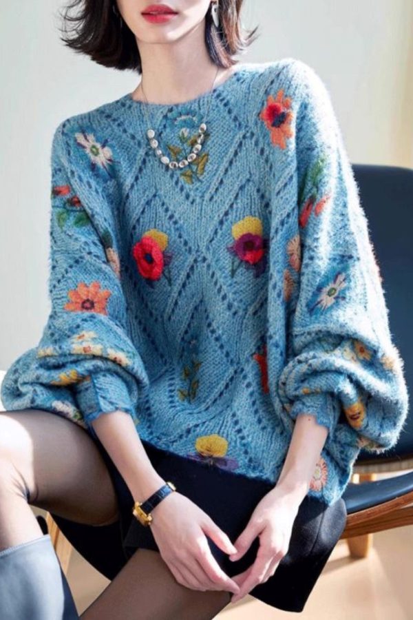 Beautiful Blue Floral Hollow Out Cotton Knit Sweater Tops Batwing Sleeve