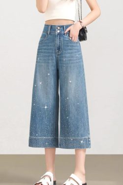 Beautiful Blue Pockets Zircon Denim Crop Pants Summer