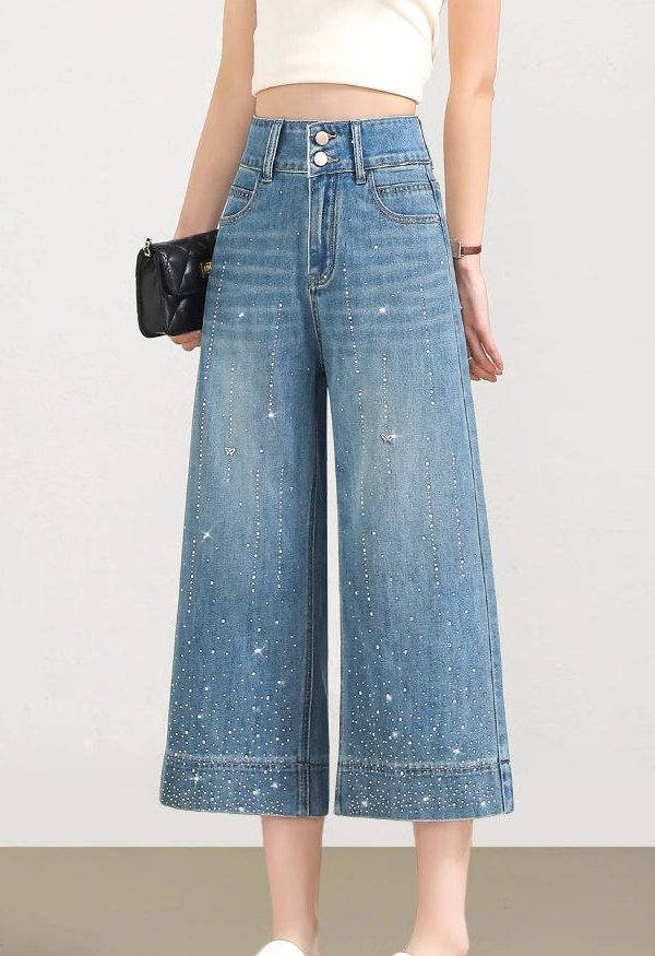 Beautiful Blue Pockets Zircon Denim Crop Pants Summer