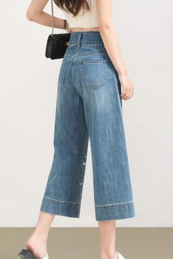 Beautiful Blue Pockets Zircon Denim Crop Pants Summer
