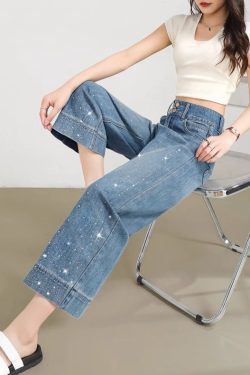 Beautiful Blue Pockets Zircon Denim Crop Pants Summer
