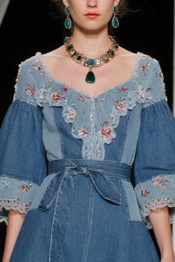 Beautiful Blue Tie Waist Patchwork Lace Denim Day Dress Summer