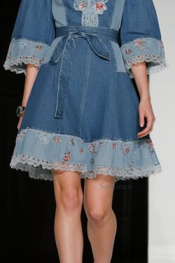 Beautiful Blue Tie Waist Patchwork Lace Denim Day Dress Summer