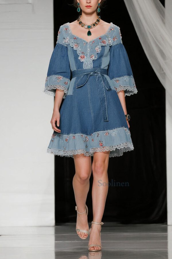 Beautiful Blue Tie Waist Patchwork Lace Denim Day Dress Summer
