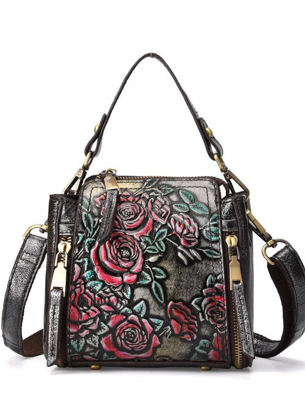 Beautiful Brown Flower Jacquard Calf Leather Tote Handbag