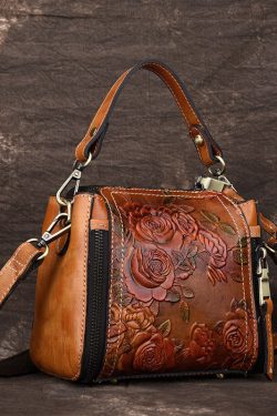 Beautiful Brown Flower Jacquard Calf Leather Tote Handbag