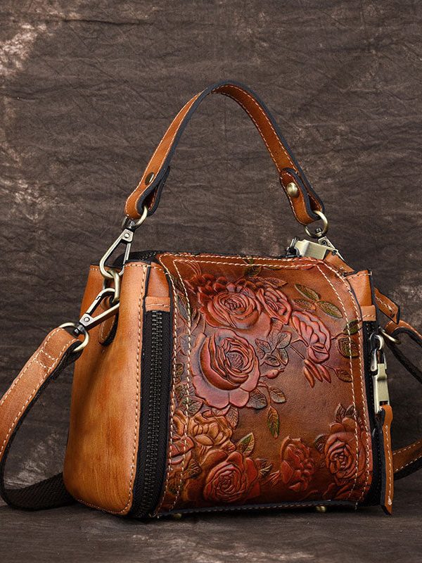 Beautiful Brown Flower Jacquard Calf Leather Tote Handbag