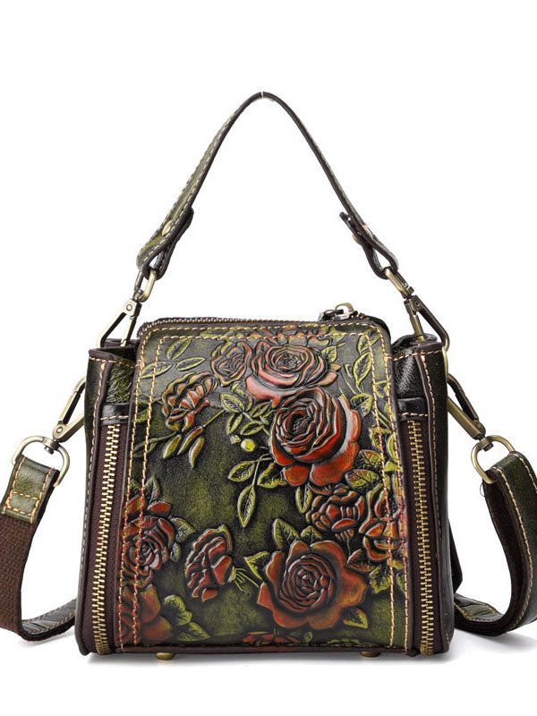 Beautiful Brown Flower Jacquard Calf Leather Tote Handbag