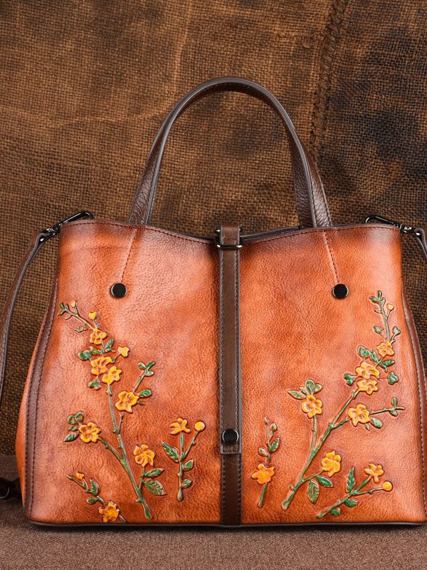 Beautiful Brown Jacquard Calf Leather Tote Handbag For Women