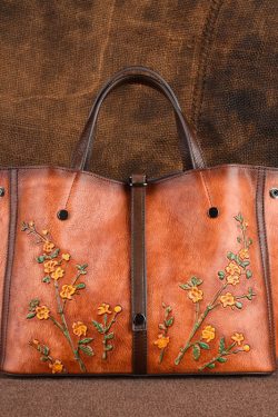 Beautiful Brown Jacquard Calf Leather Tote Handbag For Women