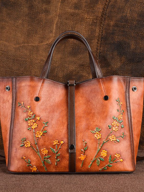 Beautiful Brown Jacquard Calf Leather Tote Handbag For Women