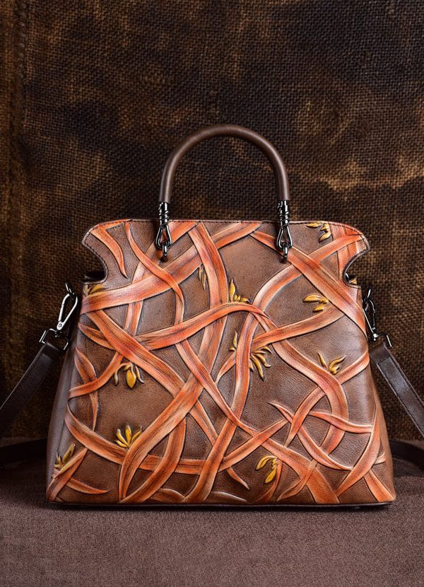 Beautiful Chocolate Embossing Calf Leather Tote Handbag