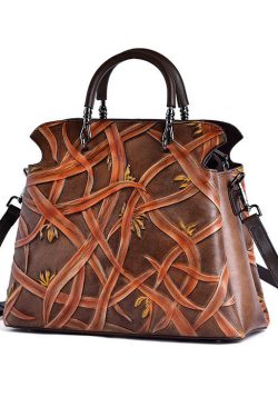 Beautiful Chocolate Embossing Calf Leather Tote Handbag