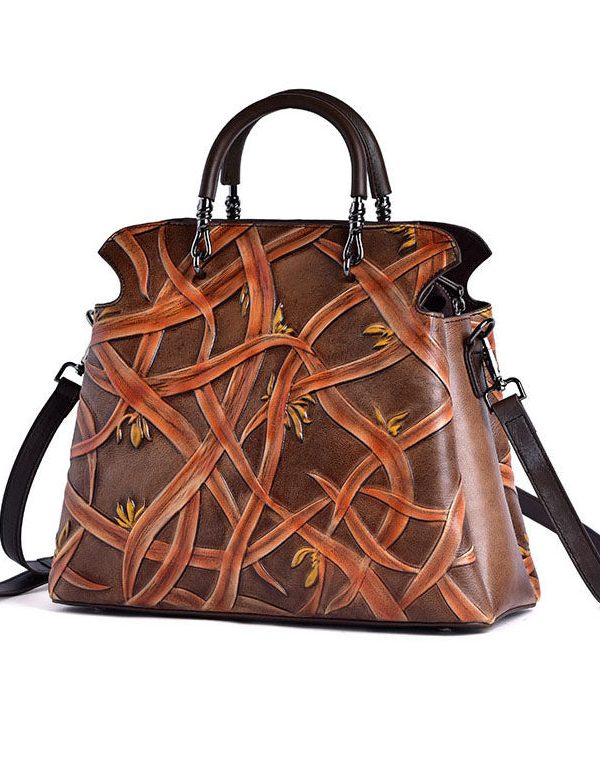 Beautiful Chocolate Embossing Calf Leather Tote Handbag