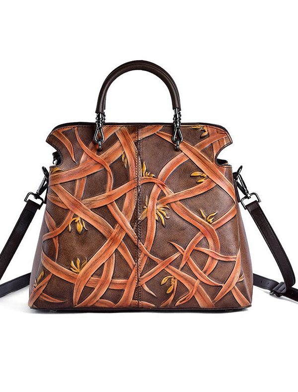 Beautiful Chocolate Embossing Calf Leather Tote Handbag