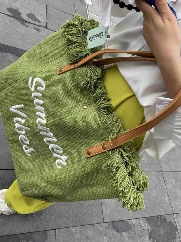Beautiful Green Letter Embroidery Canvas Oversize Tote Handbag