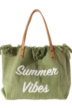 Beautiful Green Letter Embroidery Canvas Oversize Tote Handbag
