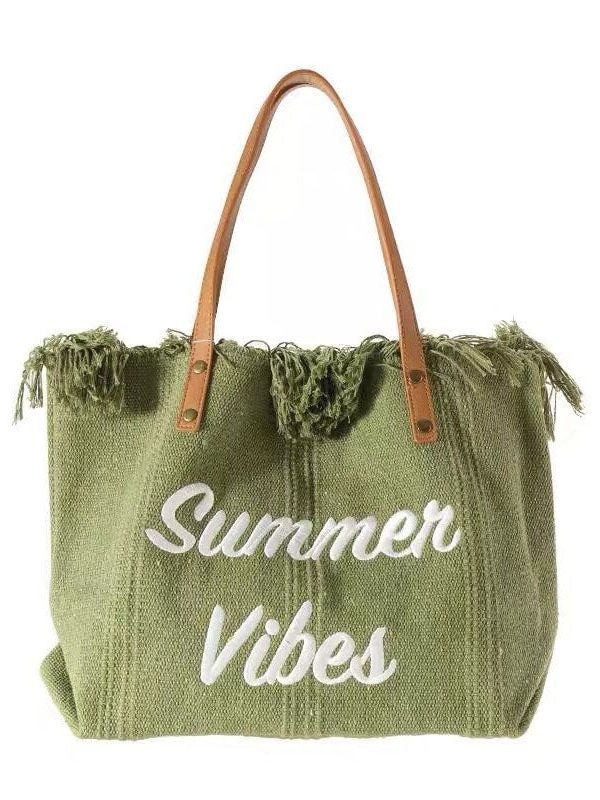 Beautiful Green Letter Embroidery Canvas Oversize Tote Handbag