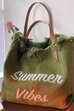 Beautiful Green Letter Embroidery Canvas Oversize Tote Handbag
