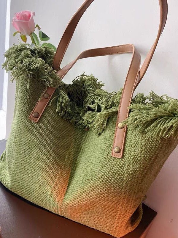 Beautiful Green Letter Embroidery Canvas Oversize Tote Handbag