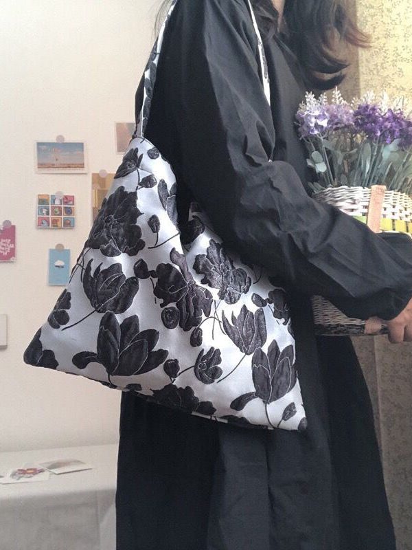 Beautiful Grey Flower Jacquard Square Spandex Satchel Handbag