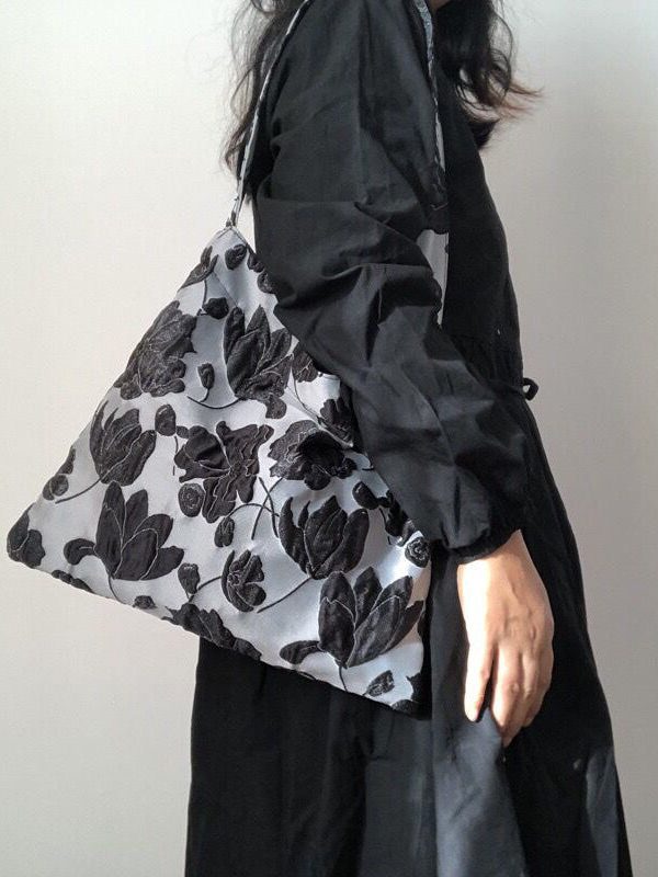 Beautiful Grey Flower Jacquard Square Spandex Satchel Handbag