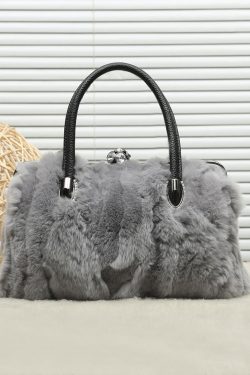 Beautiful Grey The Rabbit Wool Durable Satchel Handbag