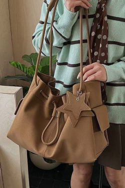 Beautiful Khaki Star Pendant Solid Durable Faux Leather Women Handbags