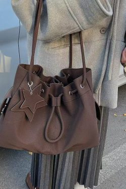 Beautiful Khaki Star Pendant Solid Durable Faux Leather Women Handbags