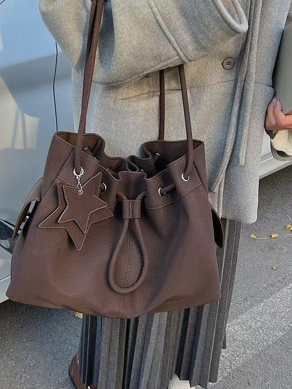 Beautiful Khaki Star Pendant Solid Durable Faux Leather Women Handbags