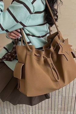 Beautiful Khaki Star Pendant Solid Durable Faux Leather Women Handbags