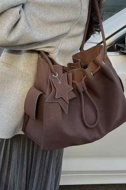 Beautiful Khaki Star Pendant Solid Durable Faux Leather Women Handbags