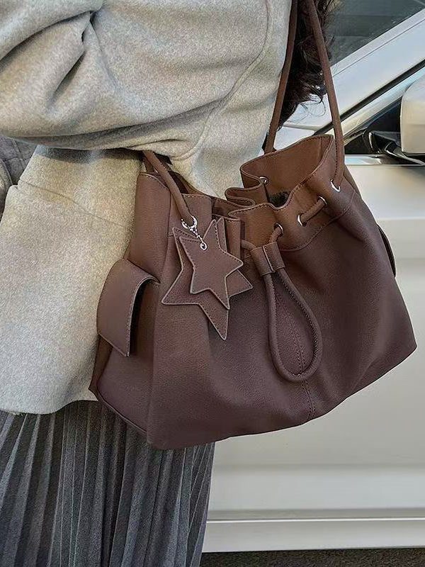 Beautiful Khaki Star Pendant Solid Durable Faux Leather Women Handbags