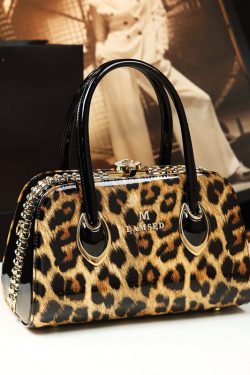 Beautiful Leopard Zircon Faux Leather Tote Handbag