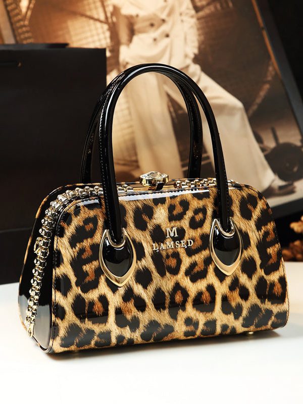 Beautiful Leopard Zircon Faux Leather Tote Handbag