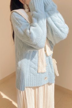 Beautiful Light Blue Bow Collar Cozy Knit Sweater Tops Winter