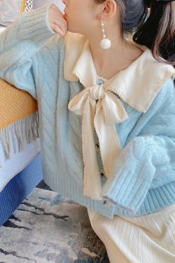 Beautiful Light Blue Bow Collar Cozy Knit Sweater Tops Winter