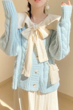 Beautiful Light Blue Bow Collar Cozy Knit Sweater Tops Winter