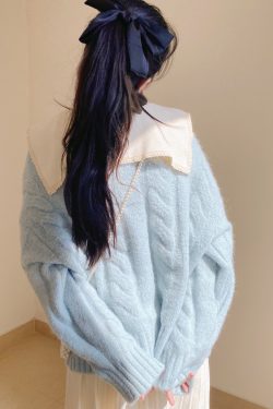 Beautiful Light Blue Bow Collar Cozy Knit Sweater Tops Winter