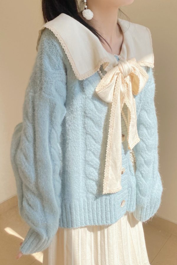 Beautiful Light Blue Bow Collar Cozy Knit Sweater Tops Winter
