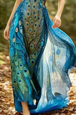 Beautiful Peacock Blue Print Chiffon Halter Dresses Summer