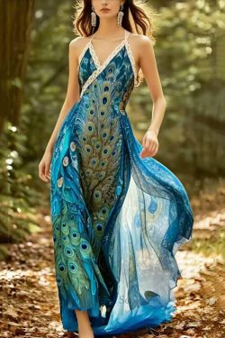 Beautiful Peacock Blue Print Chiffon Halter Dresses Summer