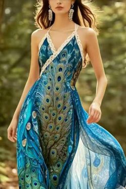 Beautiful Peacock Blue Print Chiffon Halter Dresses Summer