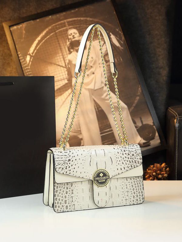 Beautiful Pink Embossed Calf Leather Chain Linked Satchel Handbag