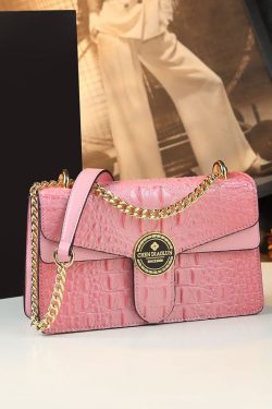 Beautiful Pink Embossed Calf Leather Chain Linked Satchel Handbag