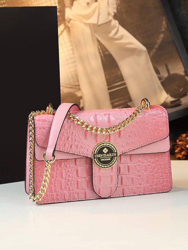 Beautiful Pink Embossed Calf Leather Chain Linked Satchel Handbag